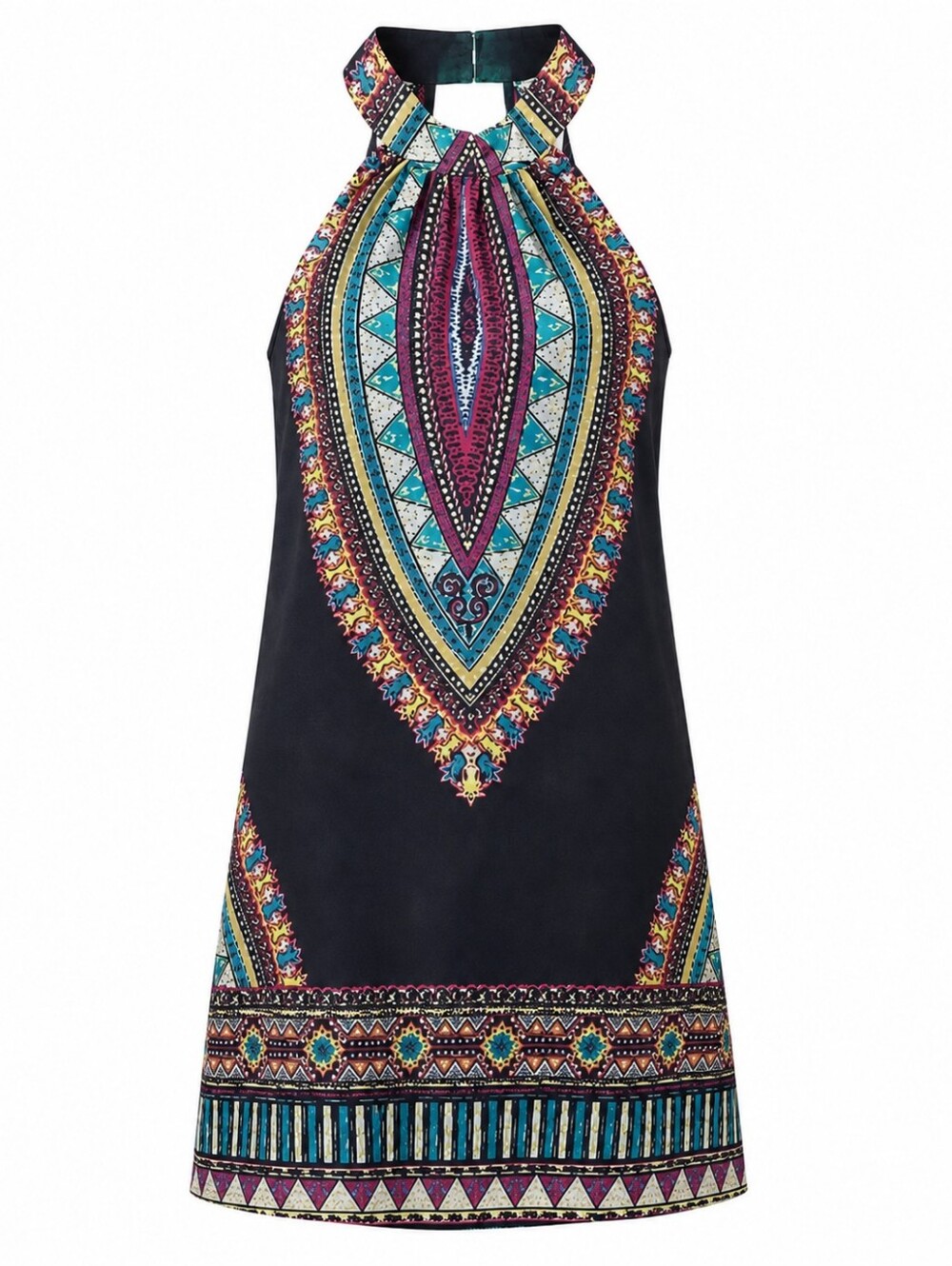 BAND OF GYPSIES | Black Multicolor Geometric Boho Halter Mini Dress | M